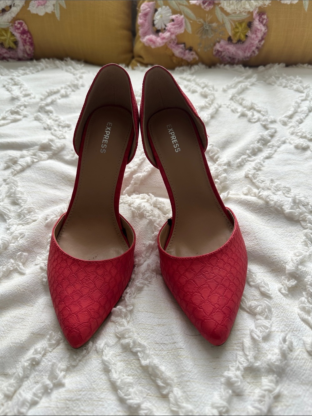 Express Red Pointed D'Orsay Snake Skin Heels